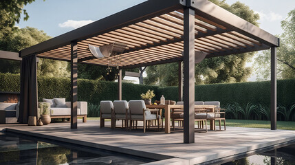 Modern patio furniture include a pergola shade structure, an awning, a patio roof, a dining table, seats, and a metal grill. Generative AI.