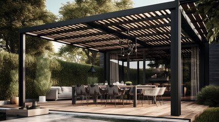 Fototapeta na wymiar Modern patio furniture include a pergola shade structure, an awning, a patio roof, a dining table, seats, and a metal grill. Generative AI.
