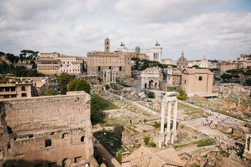 View of the Roman Forum and Rome, Italy on a Cloudy Day