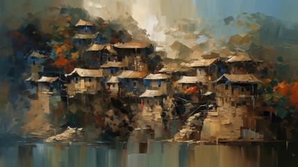 Minimalism, Fantasy Tropical Mountain Village Oil painting. Generative AI.