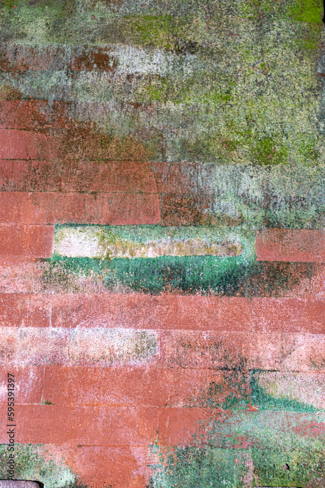 Wall mural pink brick wall with mildew stains background texture