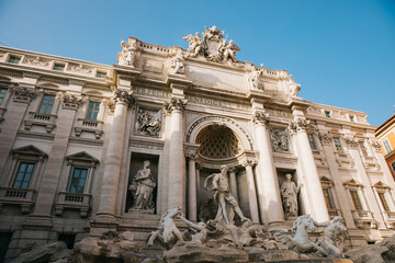 Fototapeta na wymiar Looking Up Angle View of the Trevi Fountain on a Clear Blue Day in Rome Italy