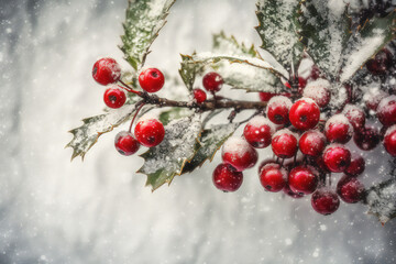 Fototapeta na wymiar Christmas pine background with red berries and white snow