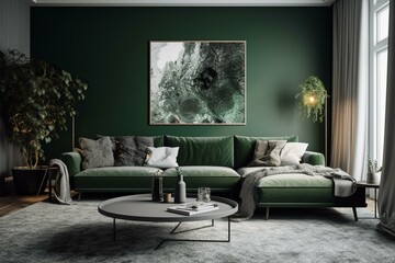Modern living space with grey artwork on green wall, white desk, coffee table, and cozy sofa blanket. Generative AI