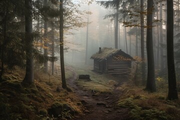 in a forest stands a small old wooden hut created with Generative AI technology