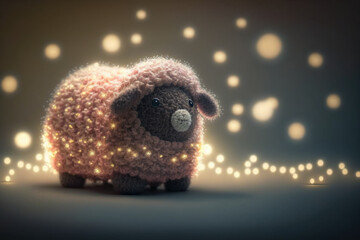 Beautiful expensive stuffed ram toy made of luxury yarn, knitted sheep. Created in AI.