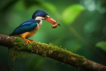 Fototapeta premium bird perched on a branch with a fish in its beak. Generative AI