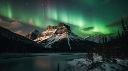 Northern lights over the mountain near the lake. Generative AI