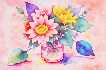 Watercolor, various flowers, roses, peonies, beautiful