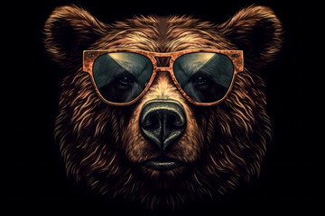 Cute Bear with Sunglasses on Black Background Generative AI