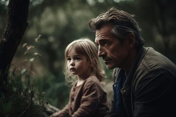 Fototapeta premium Father's day. Dad with child, Happy time with family, Celebrate a birthday. Good relationship between parent and kids. Generation, age, nostalgia. Smile love, enjoy, laugh. Fathers day. Generative AI.