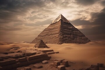 Fototapeta na wymiar Exploring ancient Egyptian pharaohs' secret pyramids with natural light illuminating hieroglyphics and art. Generative AI