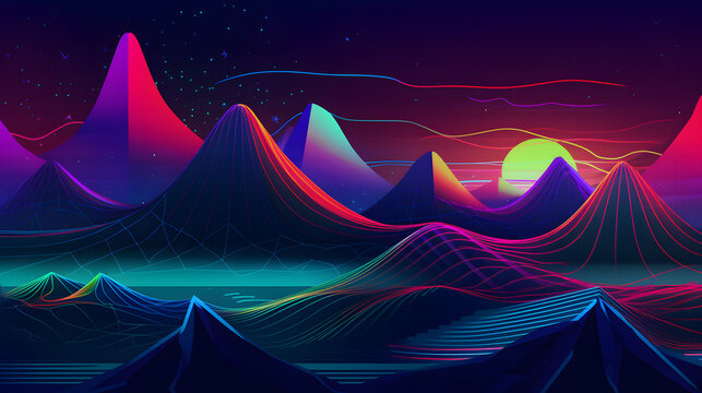 Neon Mountains - Digital Landscape in a Striking Neon Look, Perfect as a Background Image or for NCS YouTube Video Equalizer, generative AI