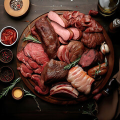 Various delicious grilled meat top view shot