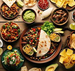 Various delicious Mexican food top view dolly shot