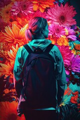 Fototapeta premium Woman carrying a backpack and contemplating a field of gerbera daisy with different vibrant colors
