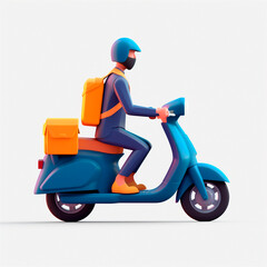 Delivery man riding moped scooter. 3D icon cartoon style isolated on white background. AI generated