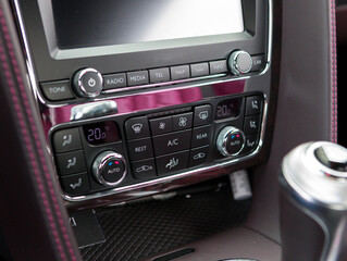 The central console panel with wooden and chrome parts, navigator and control buttons, sensors,...