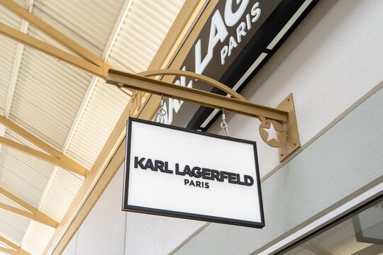 Karl Lagerfeld store hanging sign is seen at an outlet mall 
in Houston, Texas, USA - March 2, 2022.
