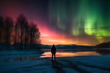 Fototapeta premium a man stands in the snow and looks at the polar lights created with Generative AI technology