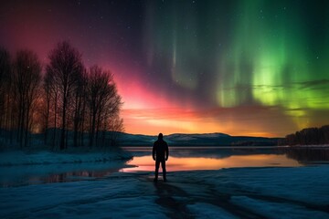 a man stands in the snow and looks at the polar lights created with Generative AI technology