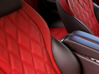 Brown and Red leather check pattern interior details of modern luxury sport cars. Comfortable...