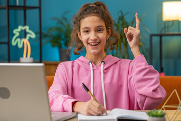 Eureka. Thoughtful clever inspired Caucasian preteen school girl excited with good idea,...