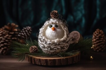 cute knitted owl perched on a wooden block. Generative AI
