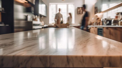 Fototapeta na wymiar An empty kitchen counter. blurred people in the background Generative AI