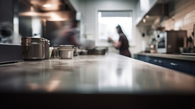 An empty kitchen counter. blurred people in the background  Generative AI