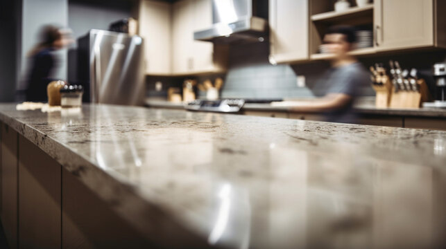 An empty kitchen counter. blurred people in the background  Generative AI