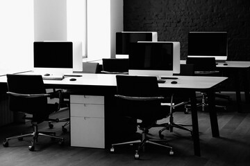 Stylish workspace with desktop computers, office supplies. desk work concept