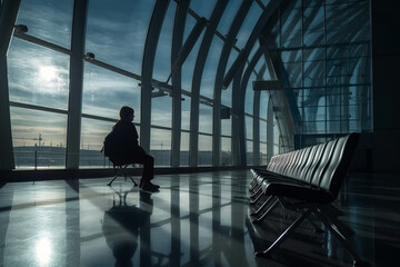 Airport, airplane, fly, terminal. An aerodrome with extended facilities for commercial air transport. waiting for flight departure, watching a flying plane . Generative AI