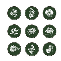 Set of nine logos of flowering plants: magnolia, hydrangea, foxglove, may lily, dahlia, purslane, chamomile, bell, tulip
