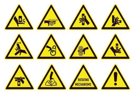 Hand entrapment hazard signs. Hand tightening warning sign. EPS 10.