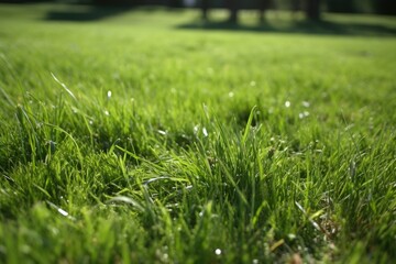 Fototapeta premium serene green field with a wooden bench in the distance. Generative AI
