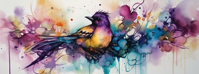 alcohol ink images of colorful birds - Generative AI 