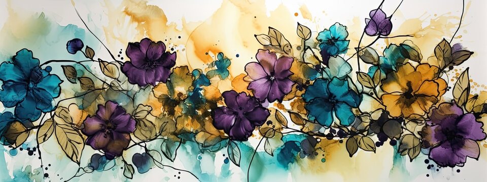 alcohol ink images of colorful flowers- Generative AI 