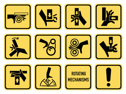 
Hand entrapment hazard signs. Hand tightening warning sign. EPS 10.