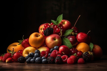 Naklejka na ściany i meble fruit and vegetables with black background apple grapes strawberry on the same place