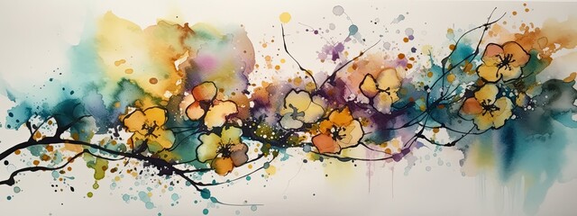 Alcohol ink painting of colorful flowers in a wide border - generative AI