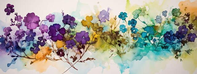Naklejka na ściany i meble Alcohol ink painting of colorful flowers in a wide border - generative AI