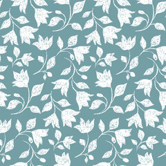 Seamless floral pattern with textural silhouettes of plants. Liberty ditsy print with a rustic motif, botanical design of small white flowers branches, leaves on a blue background. Vector illustration