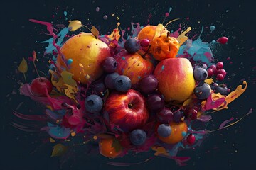 Fototapeta na wymiar fruits in water splash apple orange and different fruits 