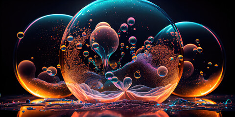 Perfect transparent shiny soap bubbles on a black background. Generative AI