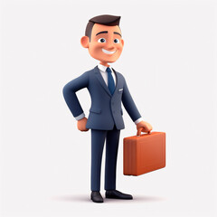 smiling business man holding briefcase isolated on white background. 3D cartoon style. AI generated