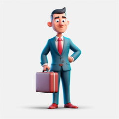 smiling business man holding briefcase isolated on white background. 3D cartoon style. AI generated