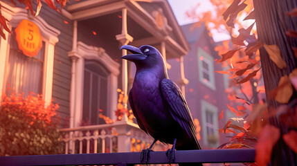 Spooky afternoon scene and raven looking home.Generative AI