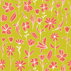 Hand drawn, cyber lime isolated blooms and leaves seamless repeat pattern. Random placed, vector botany all over surface print on black background.