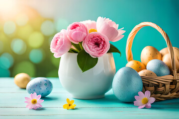 Easter Eggs in a Basket and Pink Flowers Pot with Beautiful Background, Generative AI